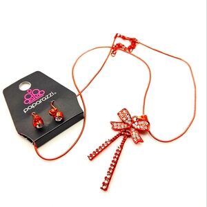 Papparazzi Ready Radiance Red Bow Necklace Earring Set NWT